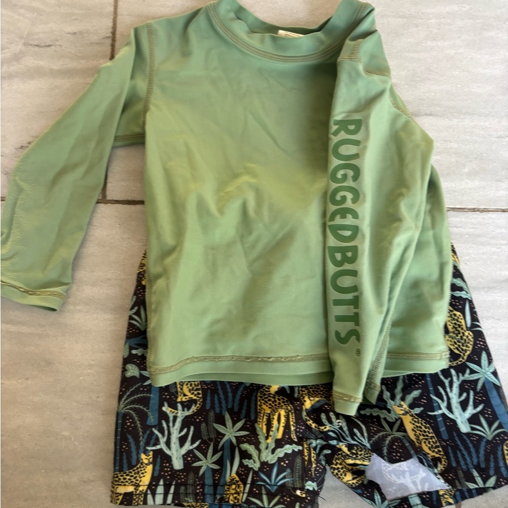 RuggedButts Green Rash Guard and Printed Swim Shorts